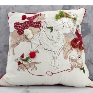 Pier 1 Christmas Park Avenue Puppies Throw Pillow 17" X 17" winter hats scarf